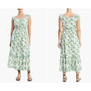 Max Studio Floral Smocked Maxi Dress Women M Square Neck Stretch Rayon NWT